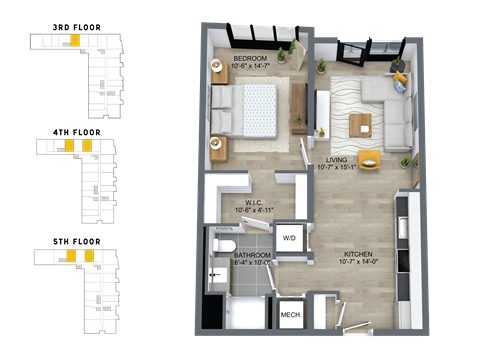 Floor plan for 1 bed, 1 bath, 708 sqft